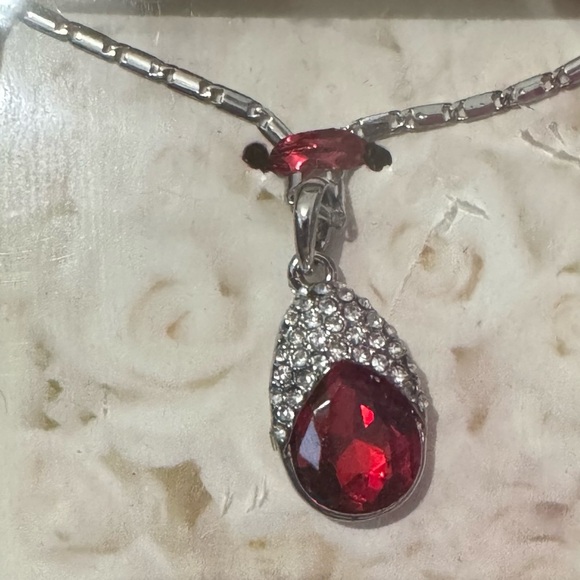 None Jewelry - Crystal Crusted Red Rhinestone Teardrop Necklace